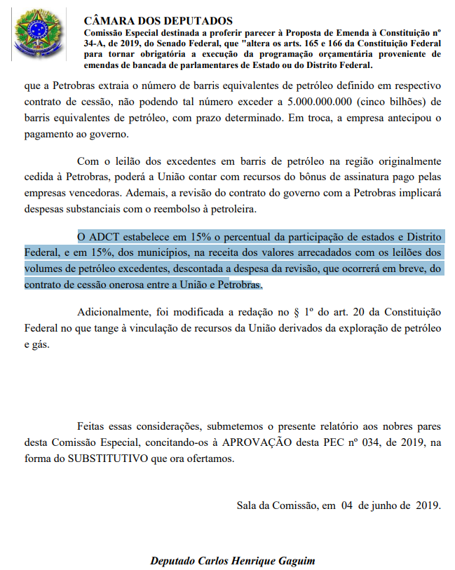 Trecho do parecer do relator da PEC 34/2019, deputado Carlos Henrique Gaguim (DEM/TO)
