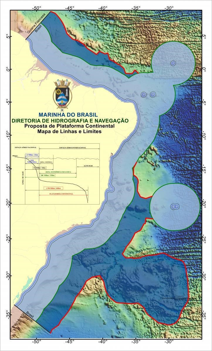 Figura 3 – A Amazônia Azul (região em tons de azul), representada pelo MT, ZEE e PCE além das 200 M, corresponde a uma área oceânica de cerca de 5,7 milhões de km2. Esta figura, preparada pelo LEPLAC, corresponde à integração do limite exterior da PCE proposto nas PPRMCS, PPRMCE e PPRMCOMS para análise da Comissão de Limites. 